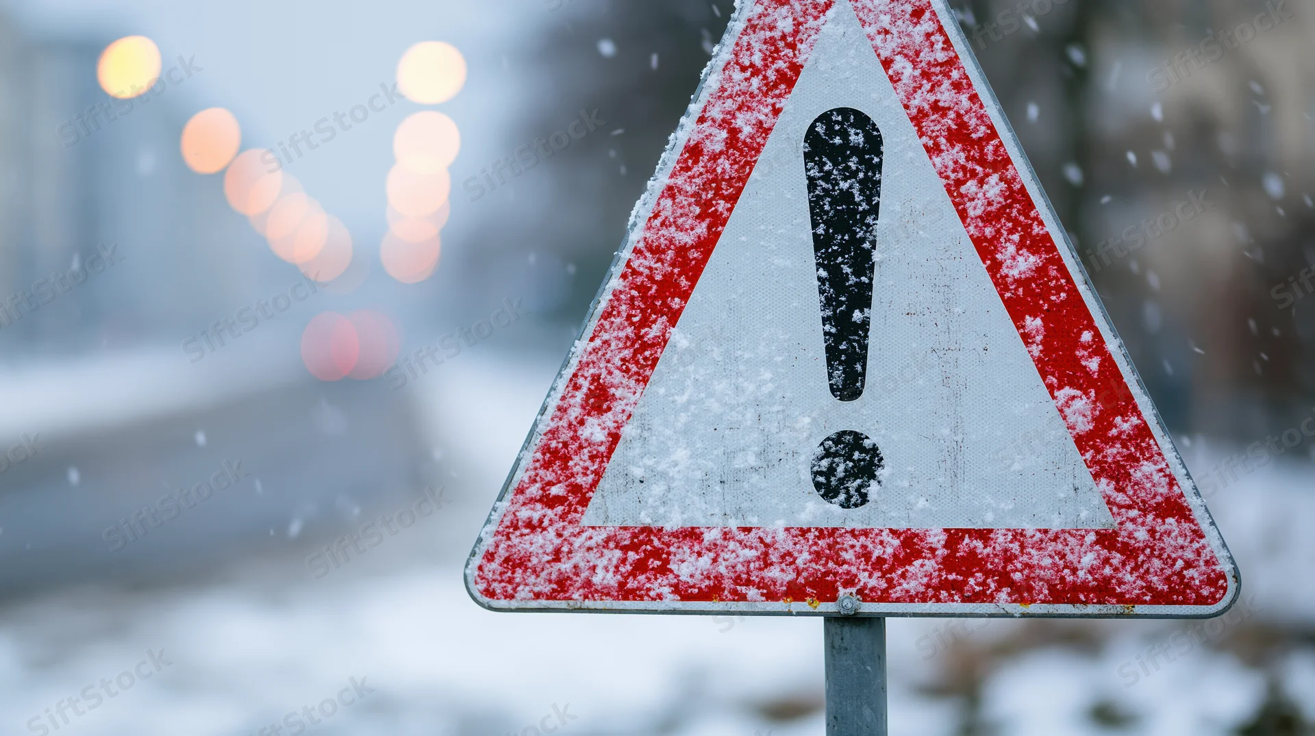 Snow-covered triangular warning road sign with exclamation mark on a winter street