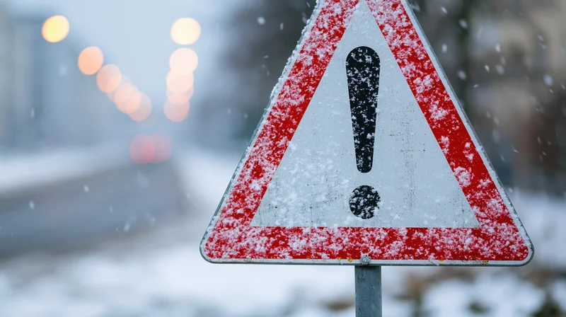 Snow-covered triangular warning road sign with exclamation mark on a winter street