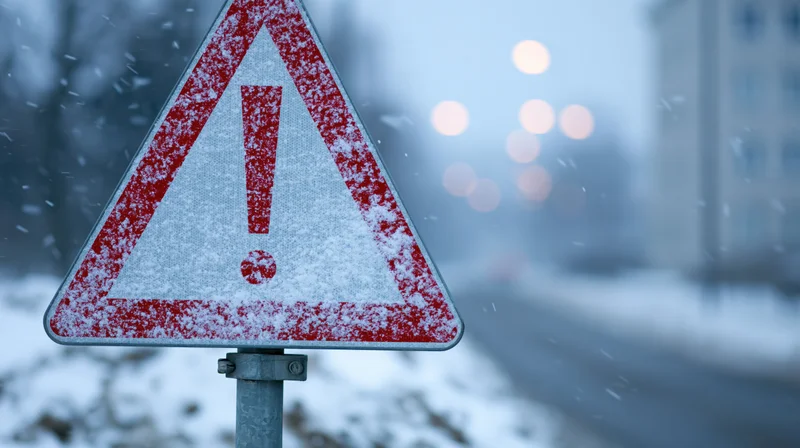 Triangular warning sign with exclamation mark covered in snow on a winter street