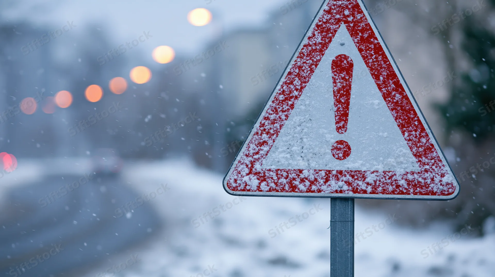 Triangular warning road sign covered in snow on a snowy street at twilight