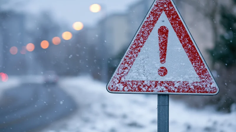 Triangular warning road sign covered in snow on a snowy street at twilight