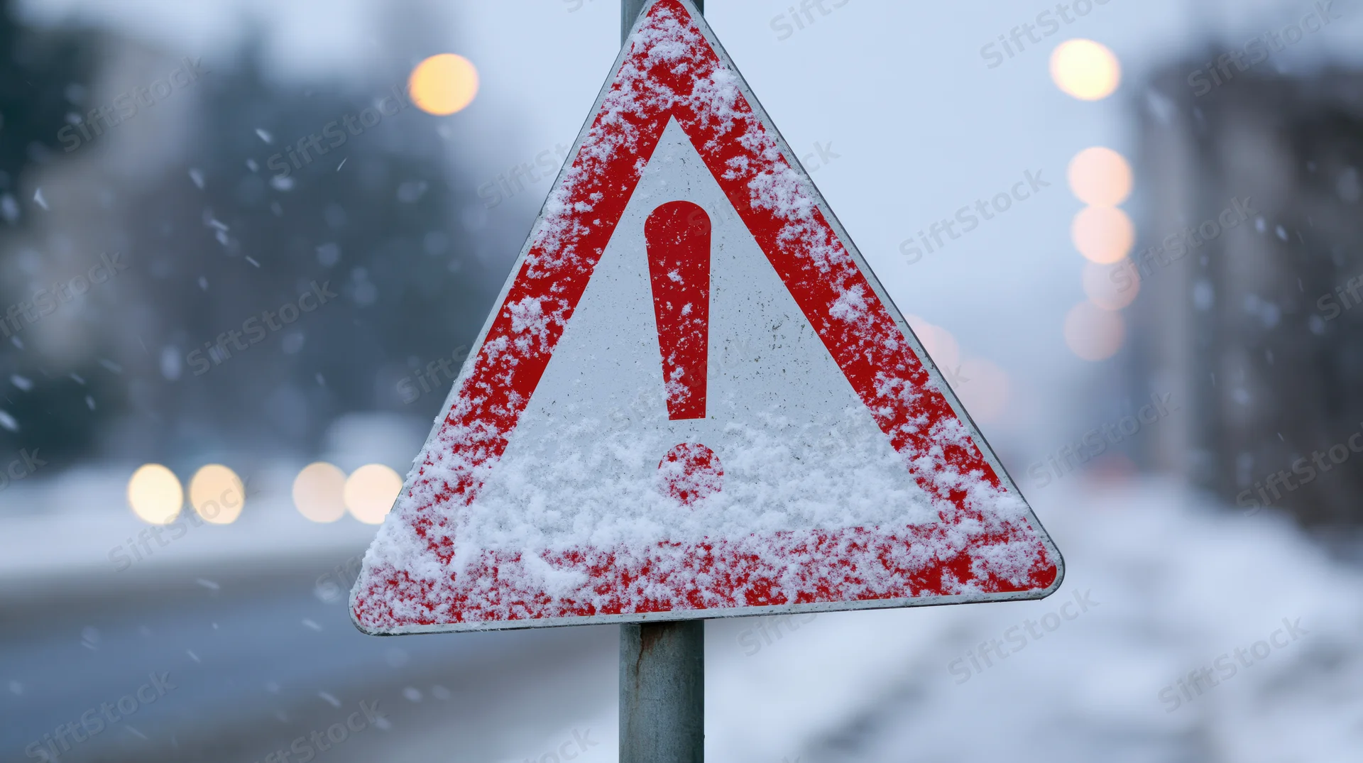 Snow-covered triangular warning road sign on a pole during winter snowfall on a city street