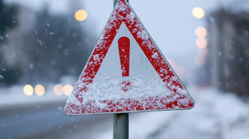 Snow-covered triangular warning road sign on a pole during winter snowfall on a city street