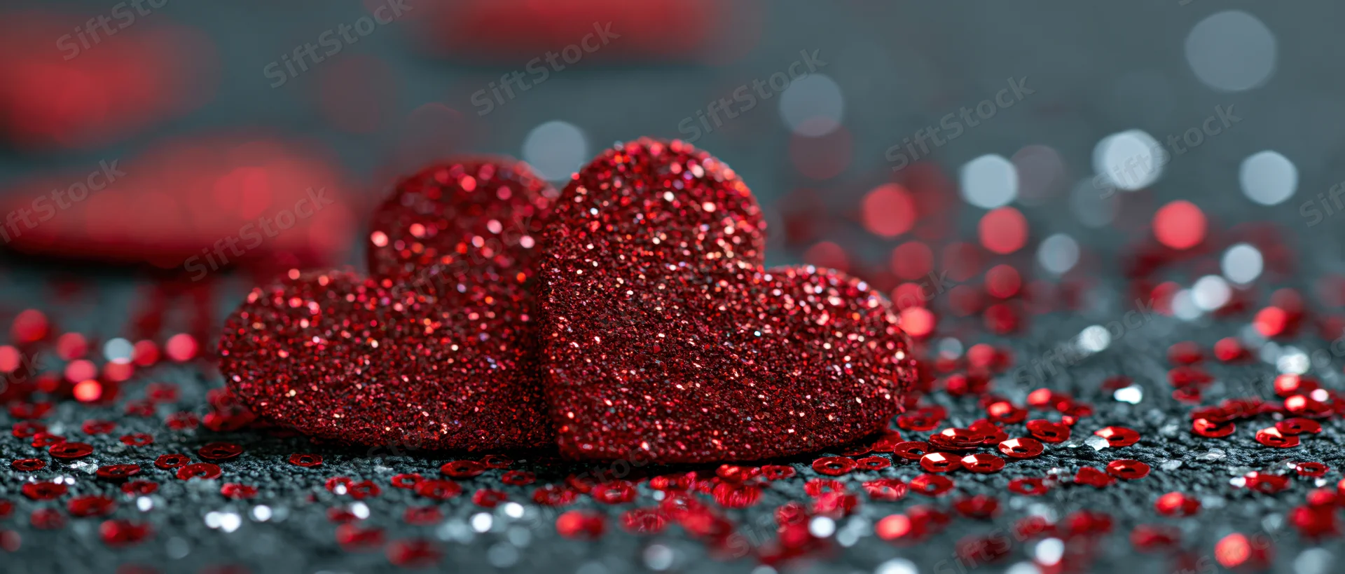 Red glitter hearts resting on dark surface scattered with sequins