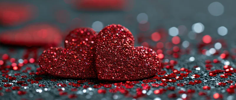 Red glitter hearts resting on dark surface scattered with sequins