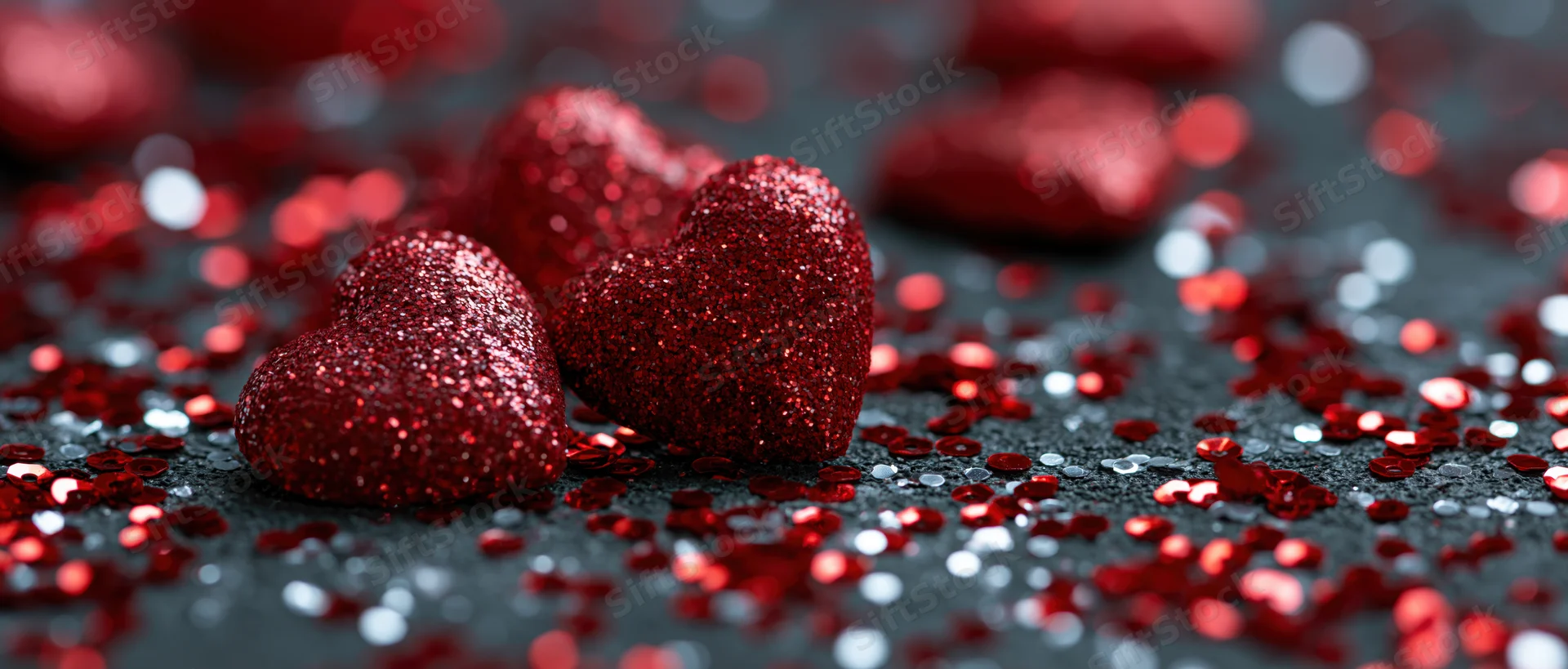 Red glitter hearts scattered on dark surface with sequins