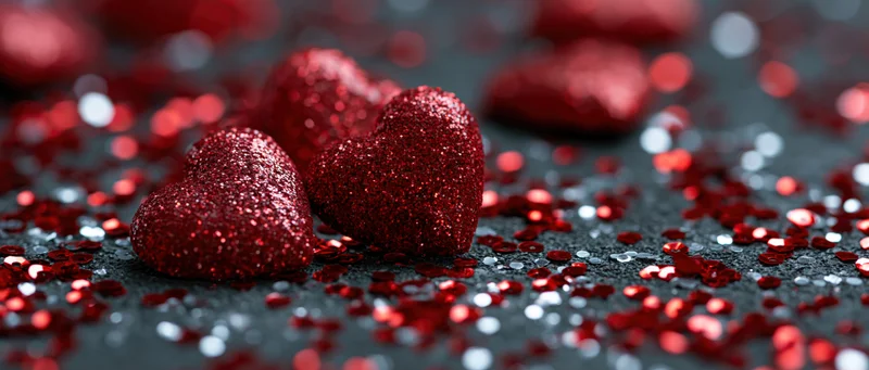 Red glitter hearts scattered on dark surface with sequins