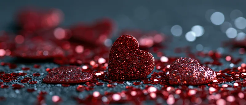 Red glitter hearts scattered on dark surface with bokeh lights