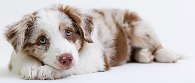 Red merle australian shepherd puppy lying on belly with head resting on paws on white background