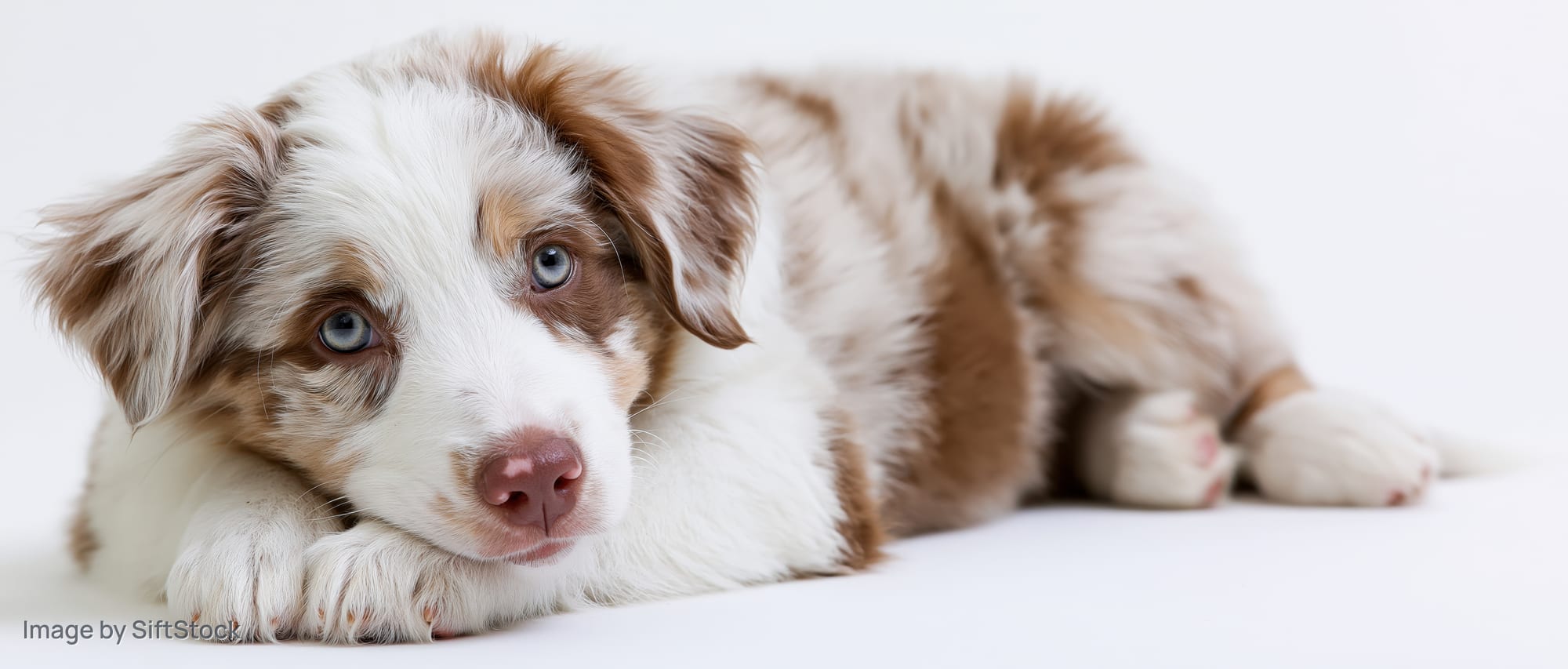 Red merle australian shepherd puppy lying on belly with head resting on paws on white background