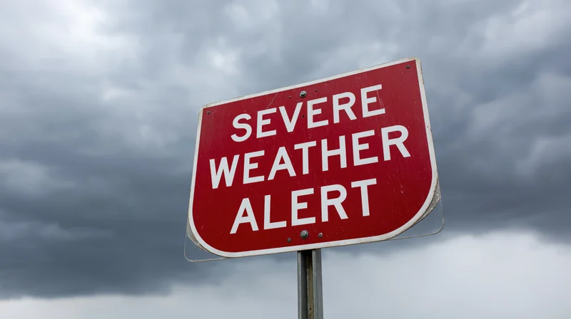 Red shield-shaped road sign reading severe weather alert against a cloudy sky