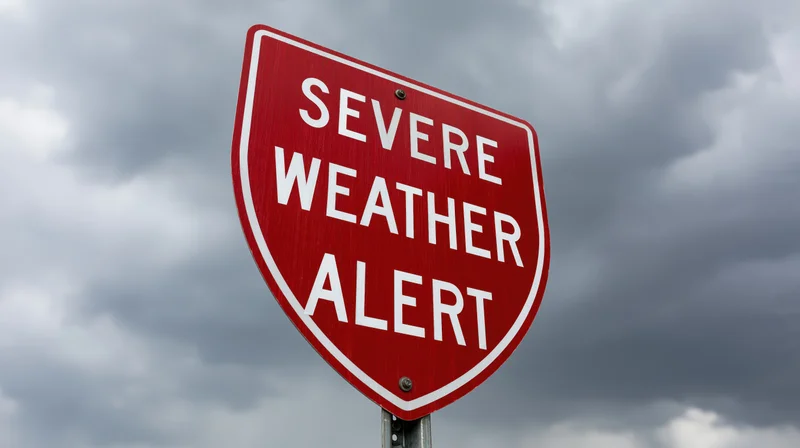 Red shield-shaped road sign reading severe weather alert against a cloudy sky