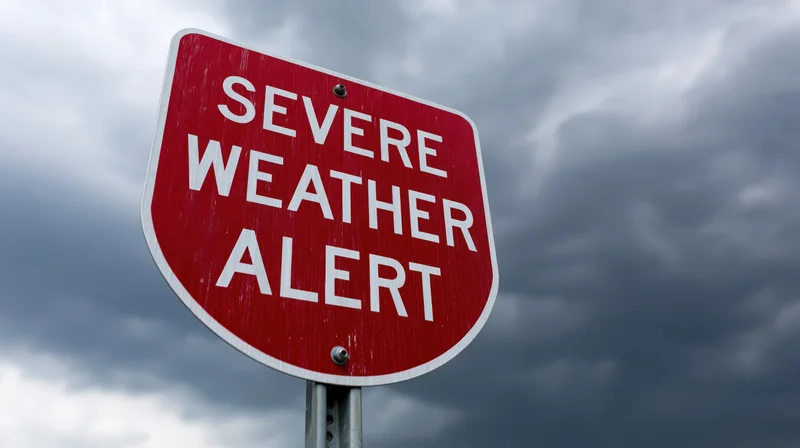 Red shield-shaped road sign reading severe weather alert against stormy sky