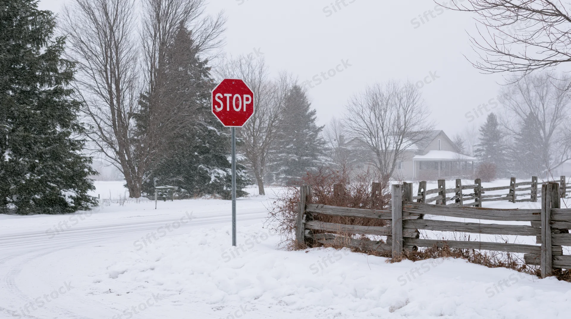 Red stop sign at snow-covered rural intersection beside wooden fence and trees