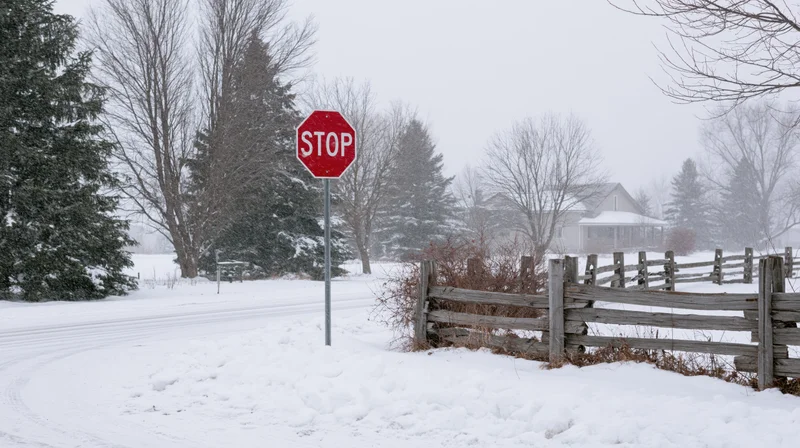 Red stop sign at snow-covered rural intersection beside wooden fence and trees