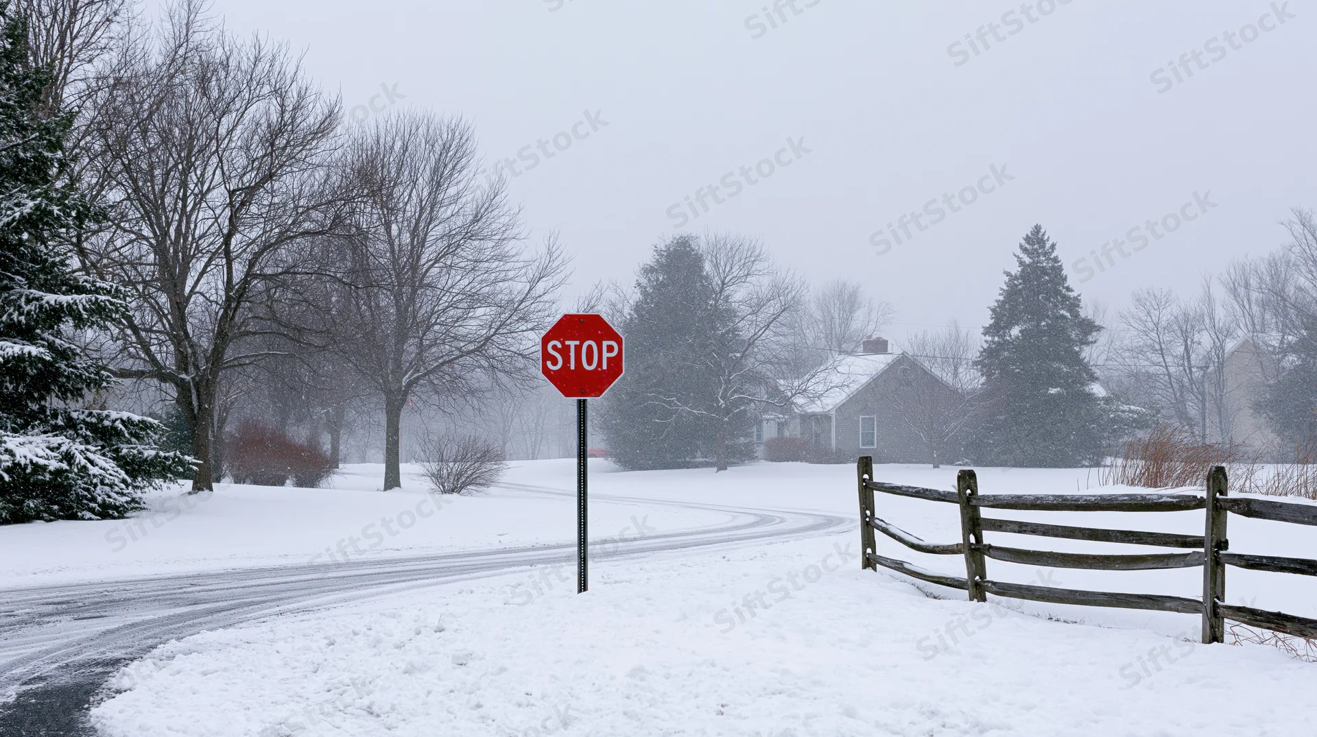 Red stop sign at snow-covered rural intersection near wooden fence and house