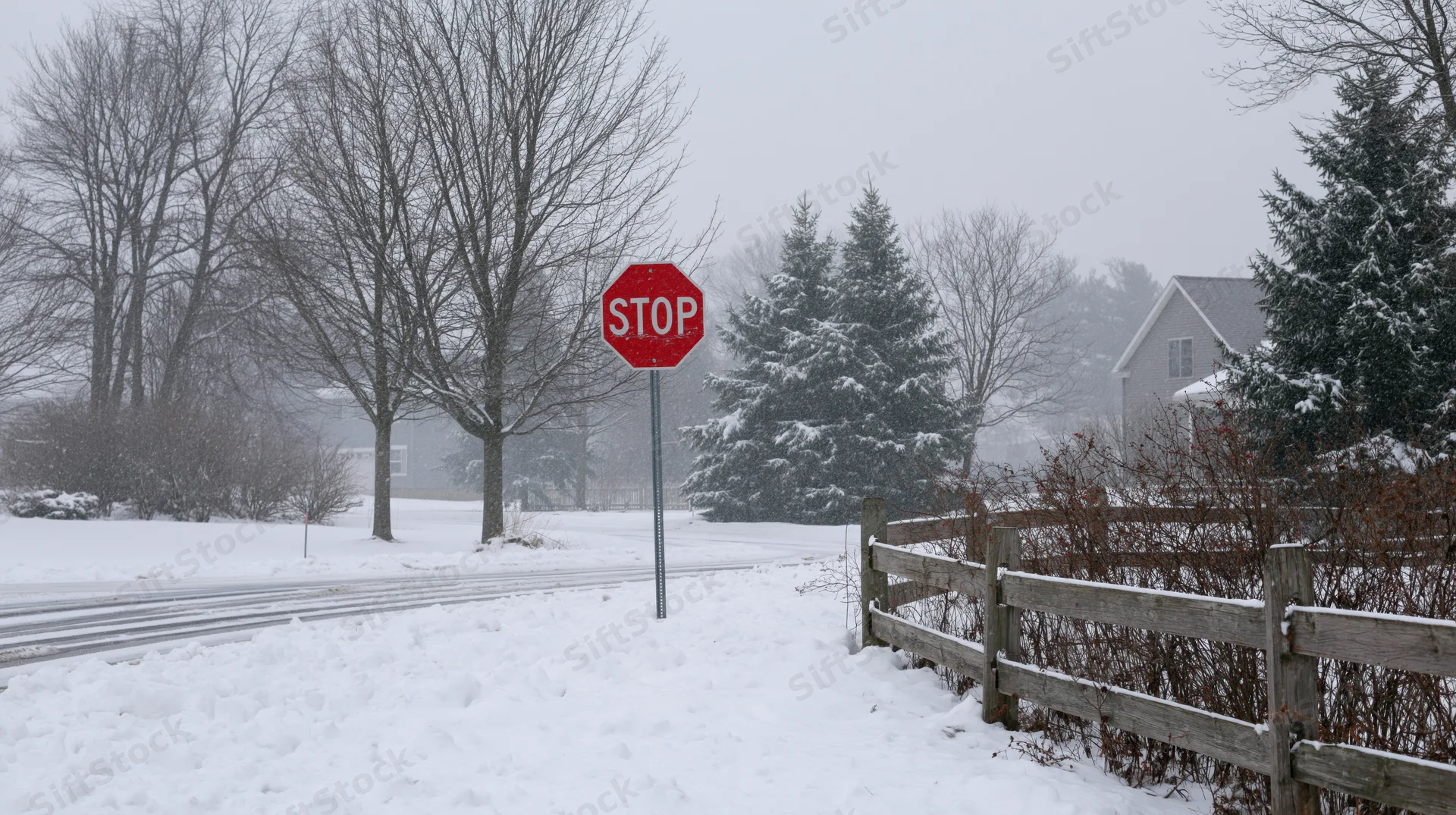 Red stop sign at snow-covered rural intersection with wooden fence and evergreen trees