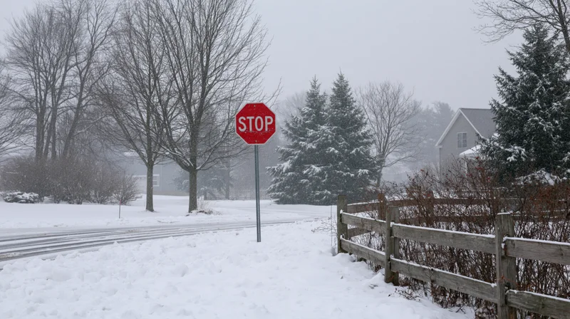 Red stop sign at snow-covered rural intersection with wooden fence and evergreen trees