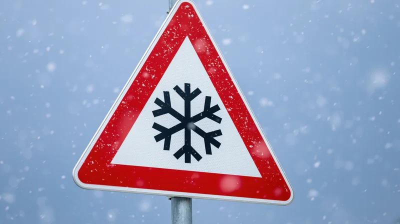 Triangular red and white road warning sign with black snowflake symbol against snowy sky