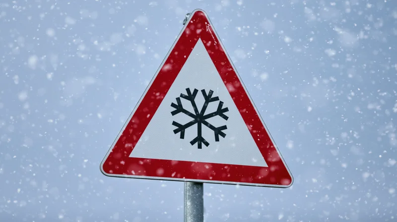 Triangular warning road sign with snowflake symbol in snowfall