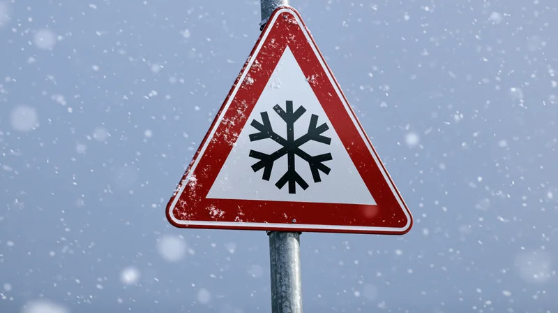 Red triangular road warning sign with black snowflake symbol in falling snow