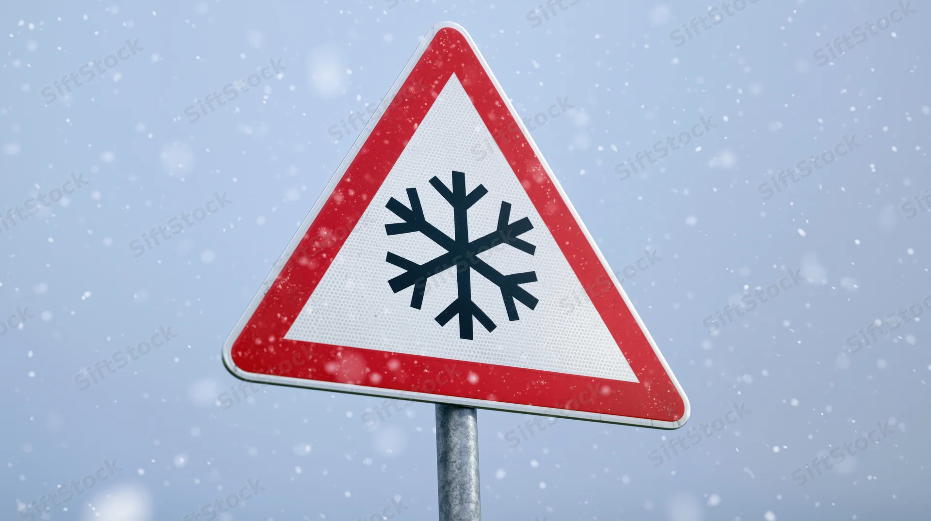 Triangular road warning sign with black snowflake symbol on red and white background during snowfall