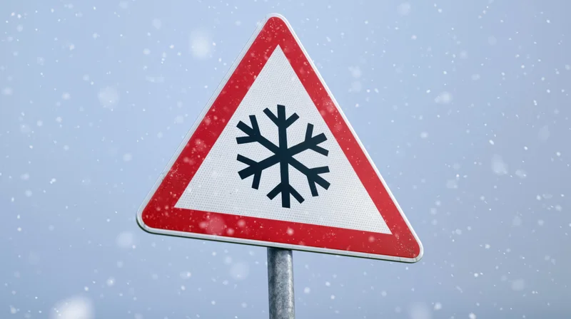 Triangular road warning sign with black snowflake symbol on red and white background during snowfall