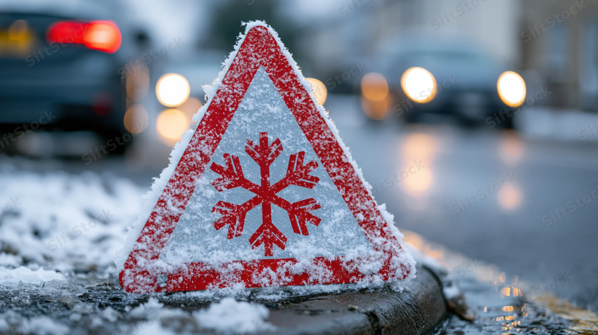 Red triangular warning sign with snowflake symbol dusted in snow on a wet road at night