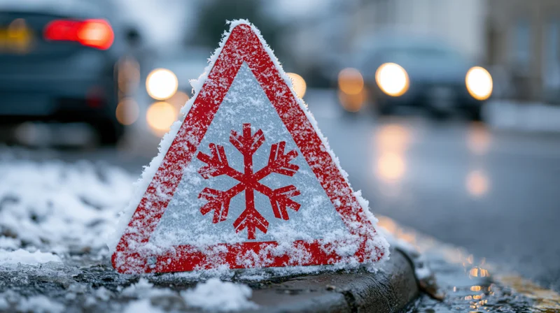 Red triangular warning sign with snowflake symbol dusted in snow on a wet road at night