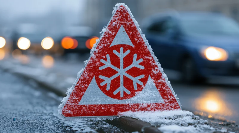 Red triangular warning sign with snowflake symbol dusted in frost on snowy pavement at night with blurred cars and headlights in background