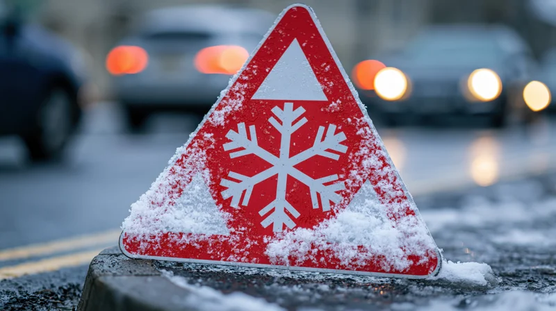 Red triangular warning sign with snowflake symbol dusted in snow on a wet road curb near moving vehicles
