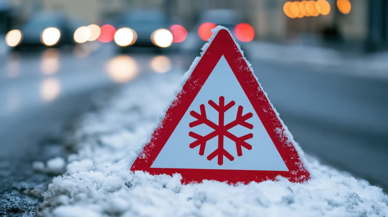 Red triangular warning sign with snowflake symbol on snowy pavement beside a road at night