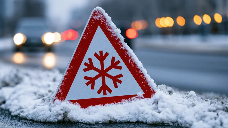 Red triangular warning sign with snowflake symbol on snowy roadside near traffic at night