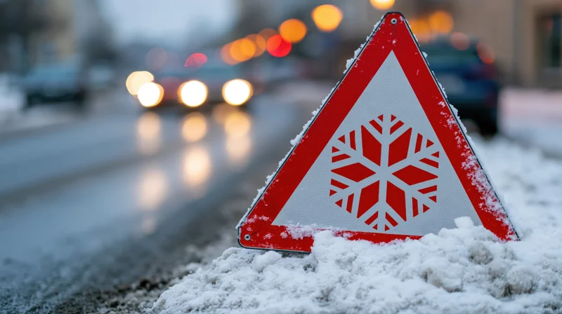 Red triangular warning sign with snowflake symbol in snow on roadside near moving vehicles at dusk