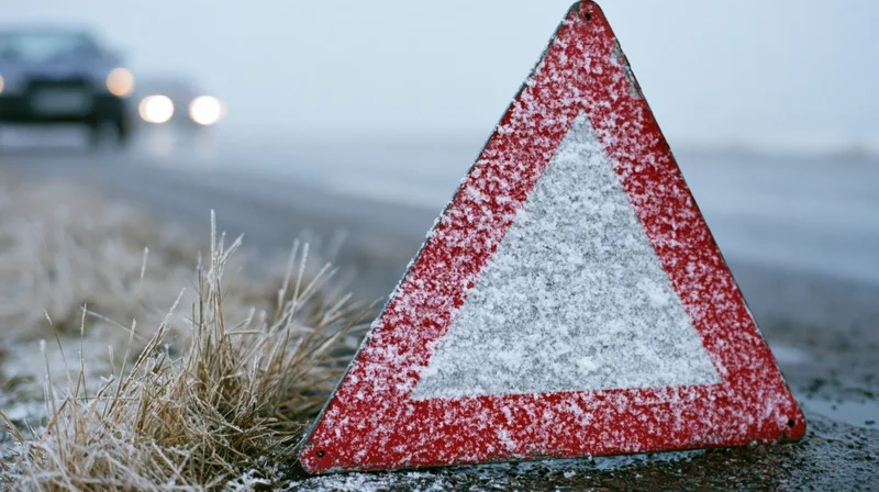 Red triangular warning road sign dusted with snow on a roadside near a blurred car with headlights on