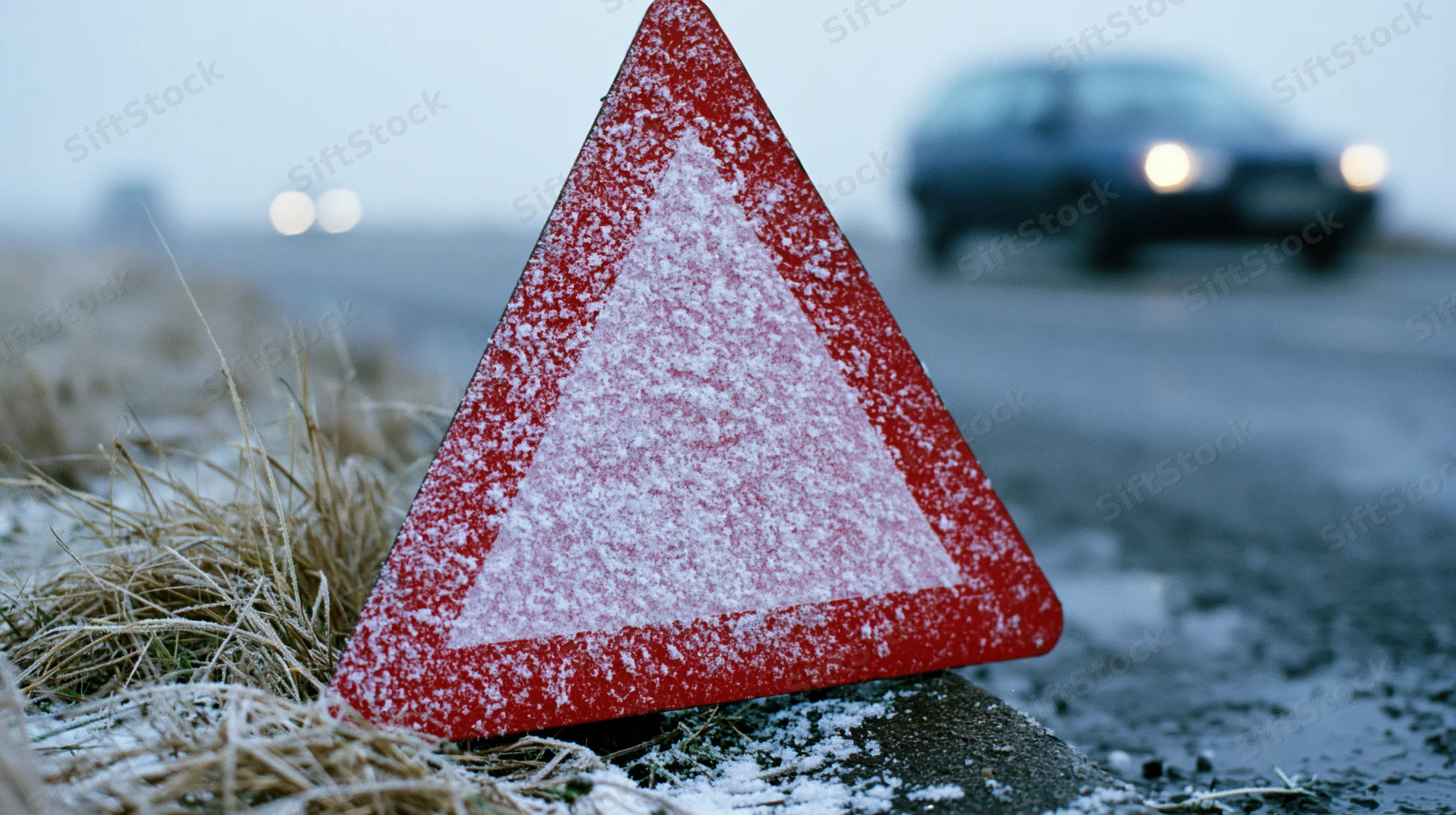 Red triangular warning sign dusted with snow on roadside near car with headlights on at dusk