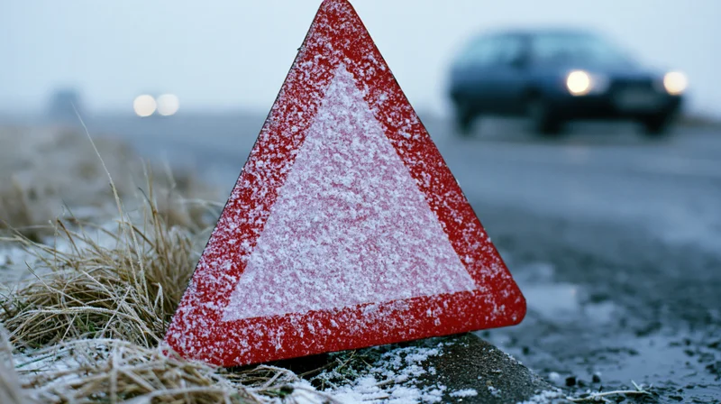 Red triangular warning sign dusted with snow on roadside near car with headlights on at dusk
