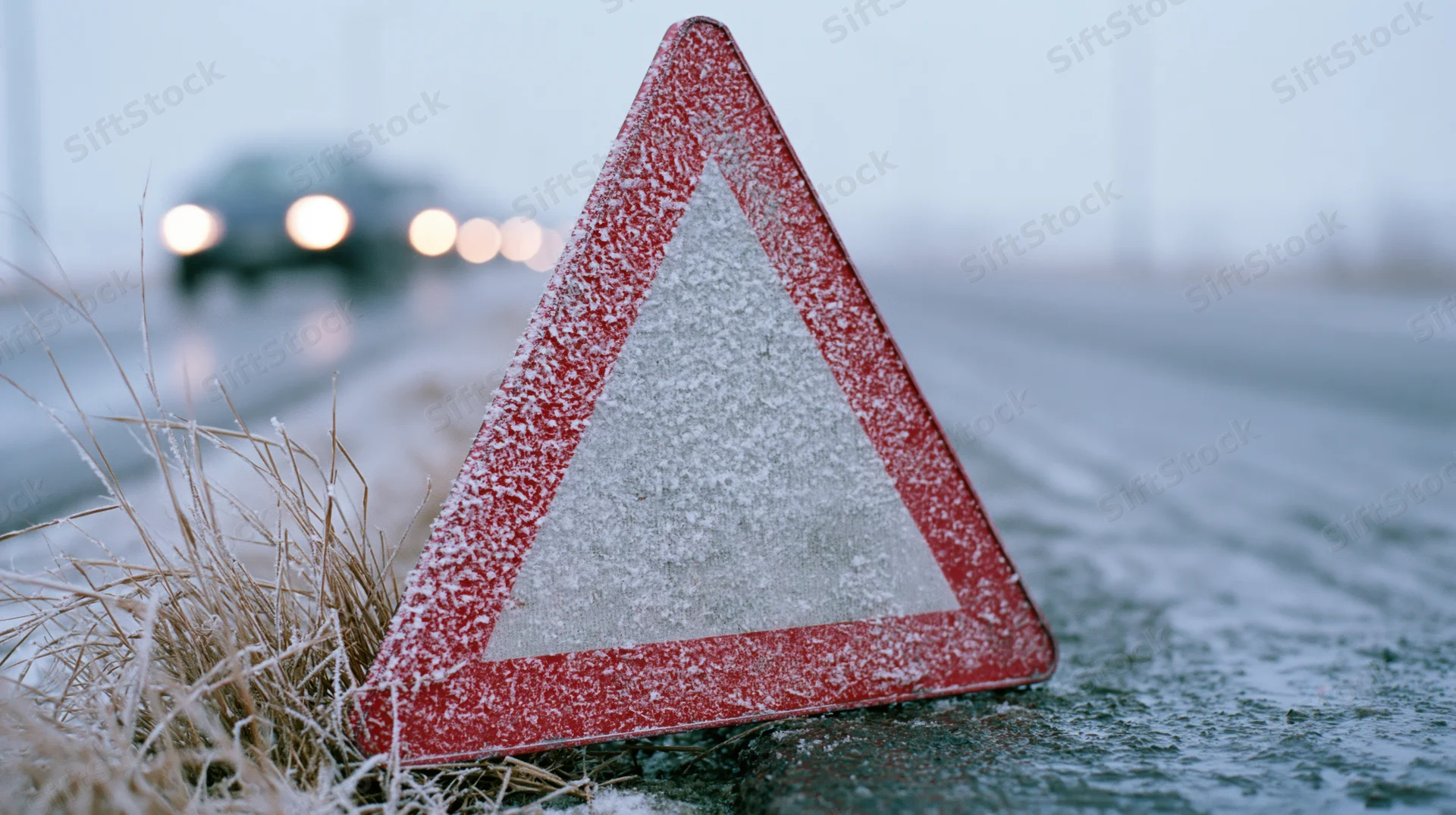 Red triangular warning sign dusted with snow on roadside near road with blurred car headlights in background