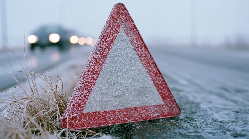 Red triangular warning sign dusted with snow on roadside near road with blurred car headlights in background