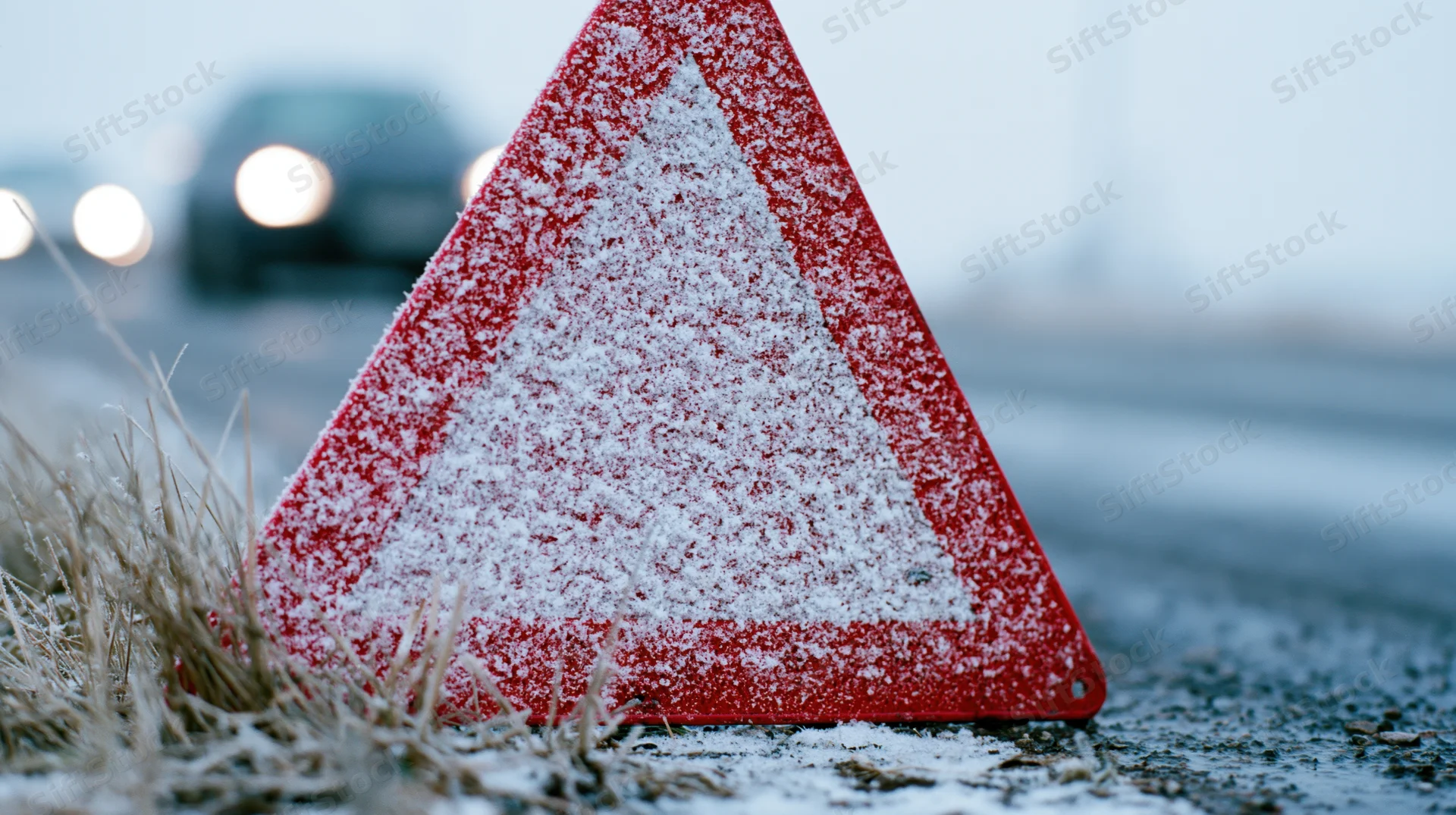 Red triangular warning sign dusted with snow on roadside near blurred car headlights
