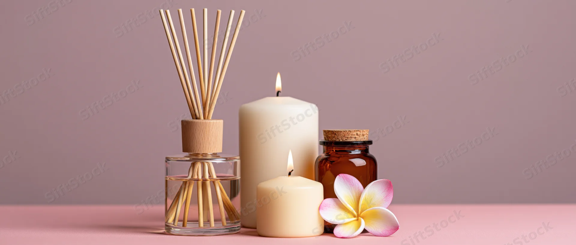 Reed diffuser with bamboo sticks and lit candles arranged on a pink surface with a plumeria flower and amber bottle nearby