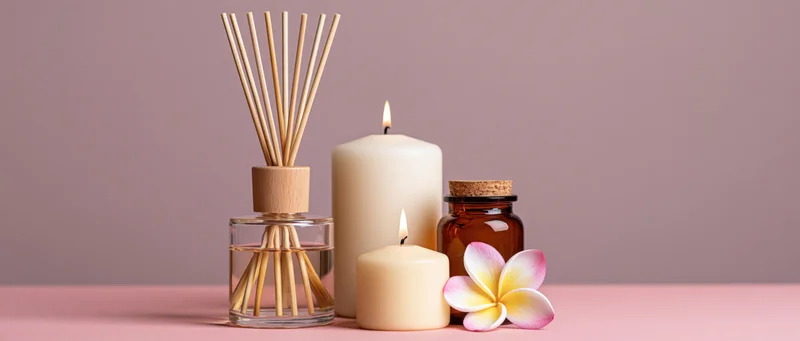 Reed diffuser with bamboo sticks and lit candles arranged on a pink surface with a plumeria flower and amber bottle nearby
