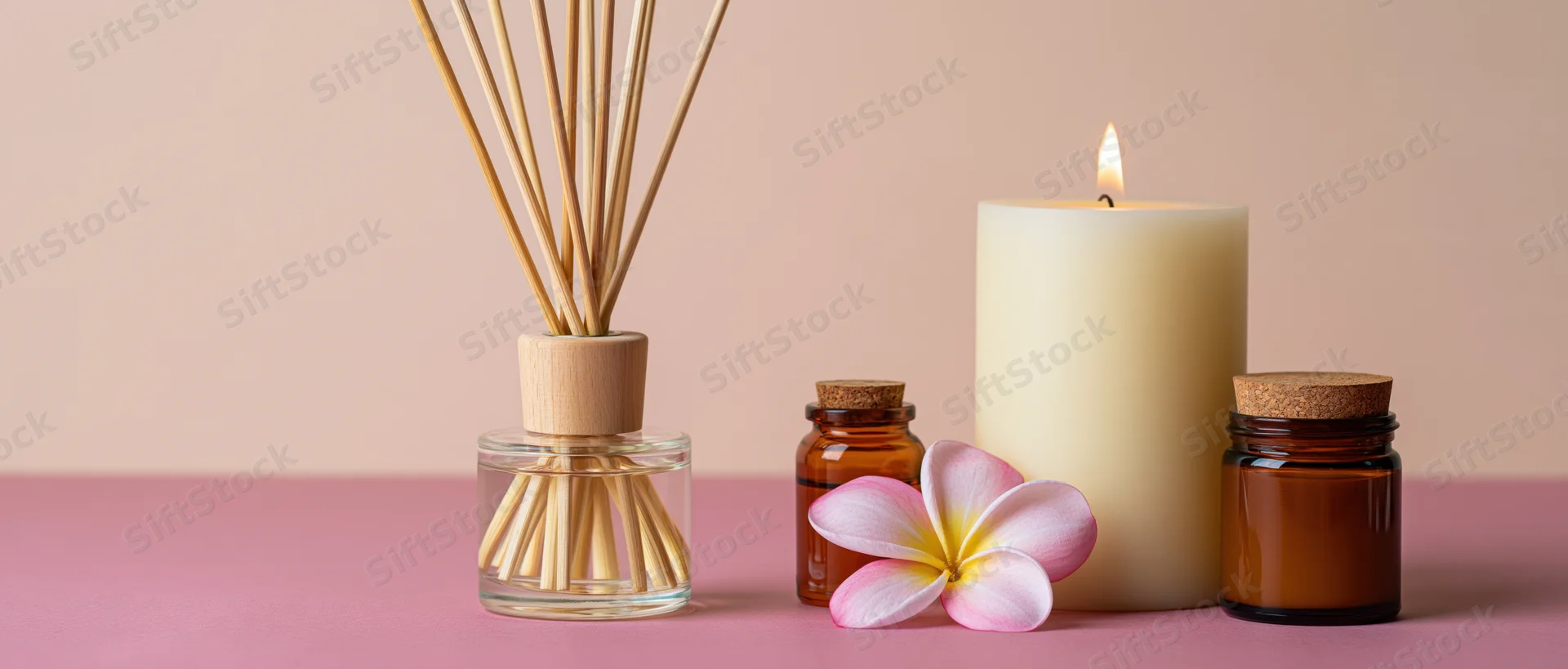 Lit candle and reed diffuser with frangipani flower on pink surface