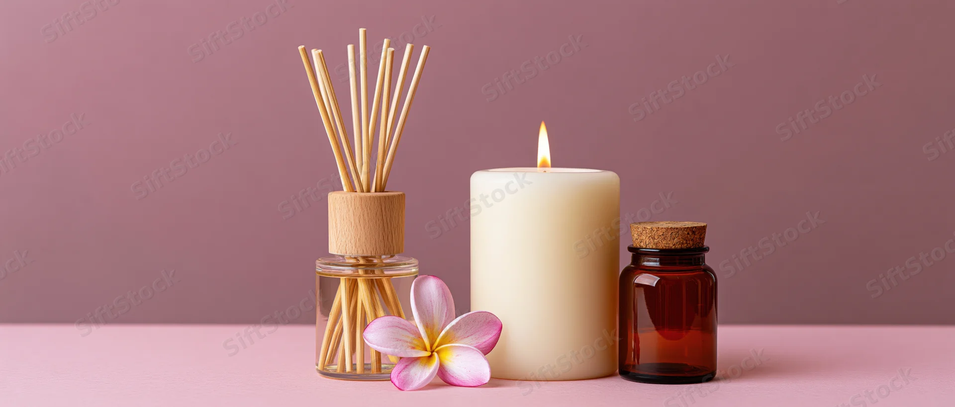 Reed diffuser with bamboo sticks and lit candle on pink surface beside essential oil bottle and frangipani flower