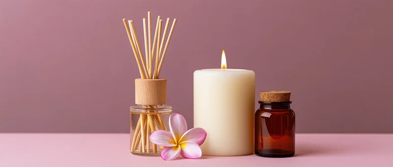 Reed diffuser with bamboo sticks and lit candle on pink surface beside essential oil bottle and frangipani flower