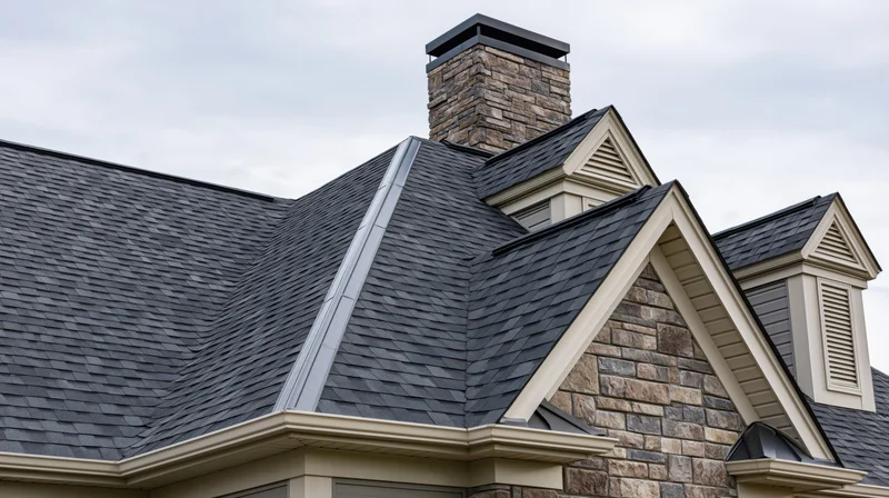 Residential roofline with dark grey asphalt shingles and stone chimney featuring dormers and gabled design