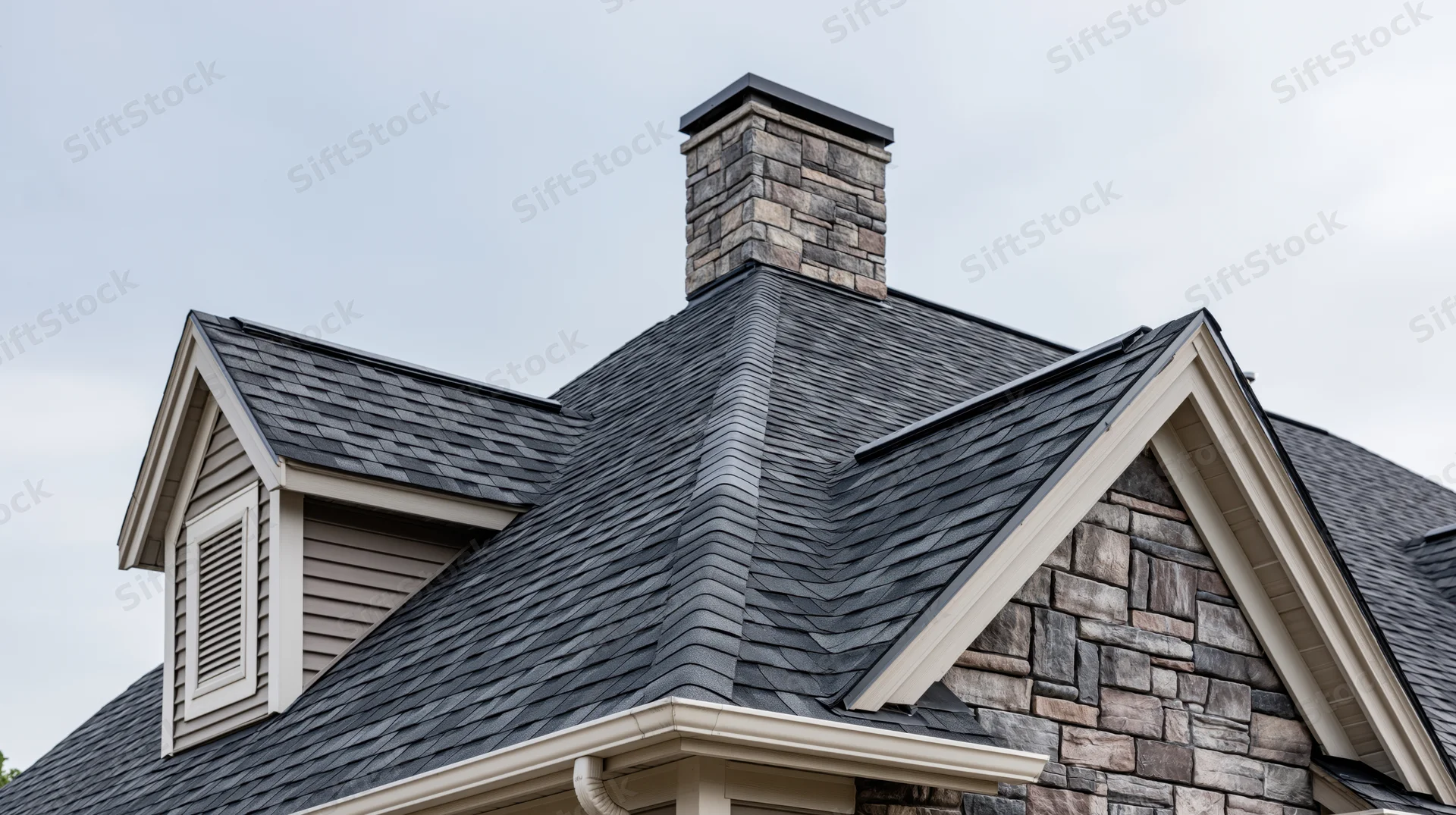 Residential roof with dark grey asphalt shingles and stone chimney under overcast sky