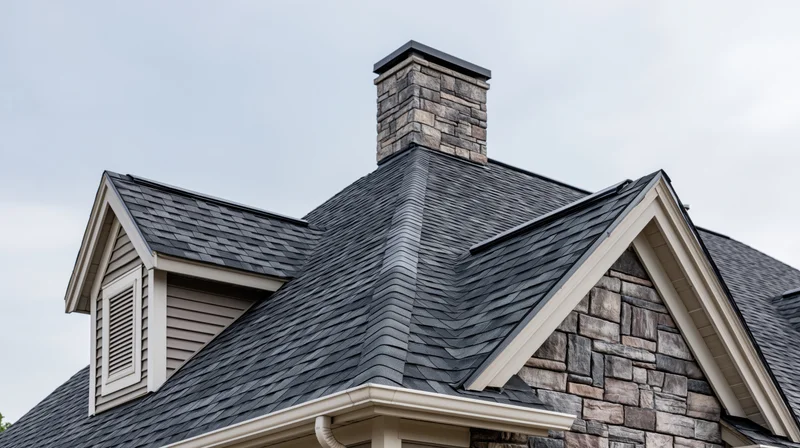 Residential roof with dark grey asphalt shingles and stone chimney under overcast sky