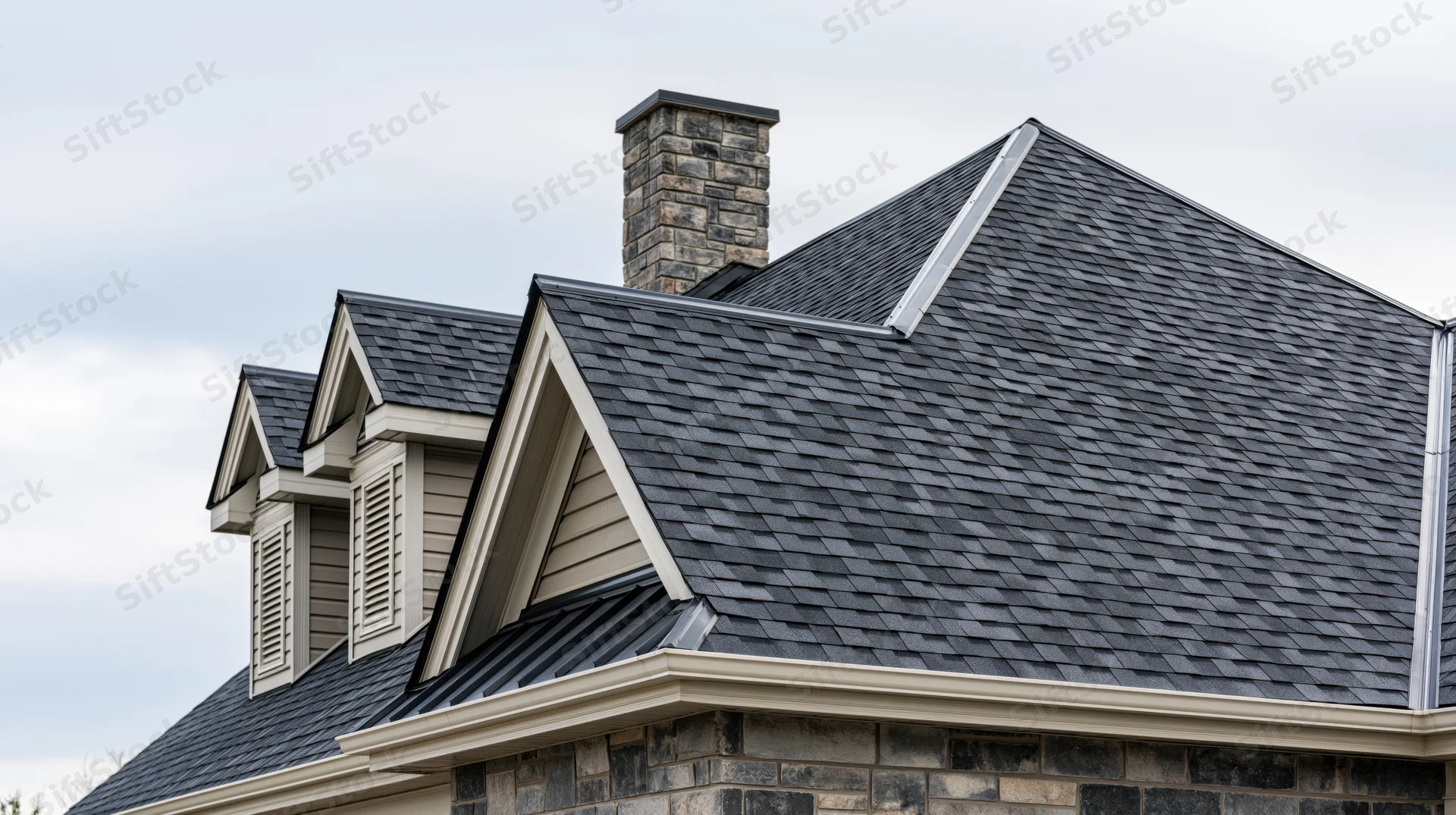 Dark grey asphalt shingle roof with dormers and stone chimney on a residential house exterior