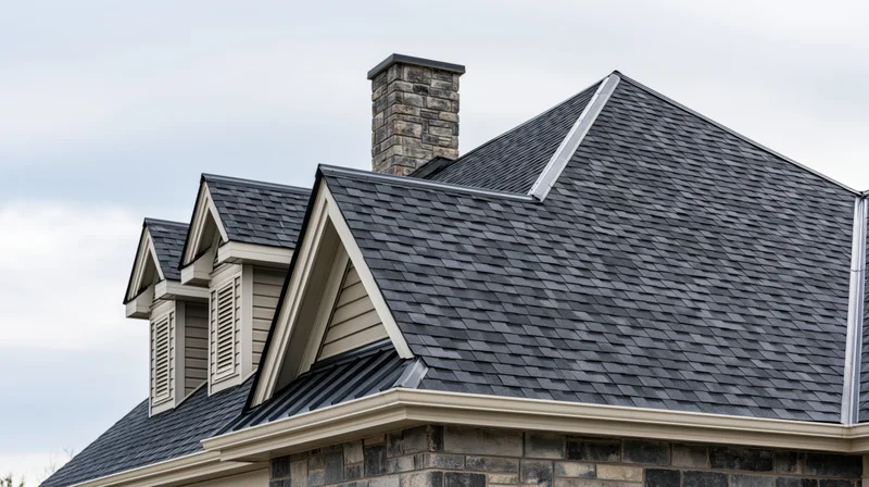 Dark grey asphalt shingle roof with dormers and stone chimney on a residential house exterior